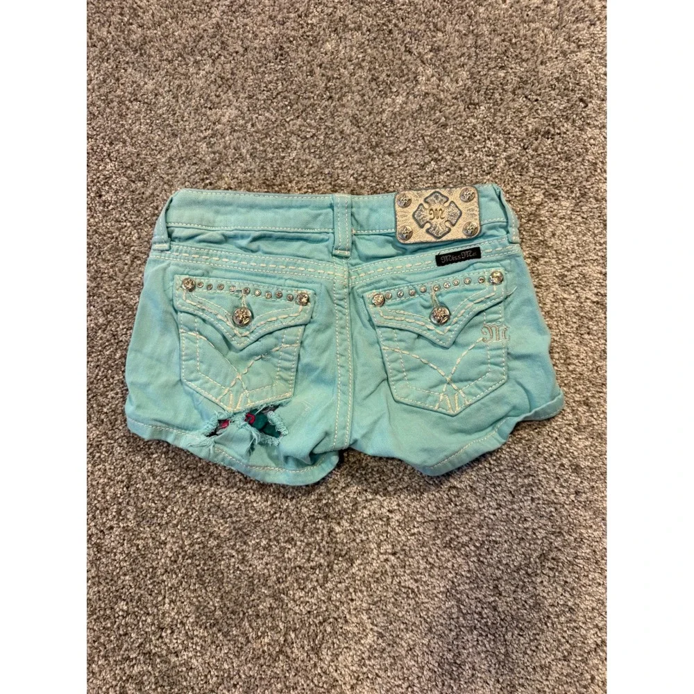 Miss Me Shorts Girls 10 Aqua JK5180H13 Dinosaur Rhinestone Embellished Denim